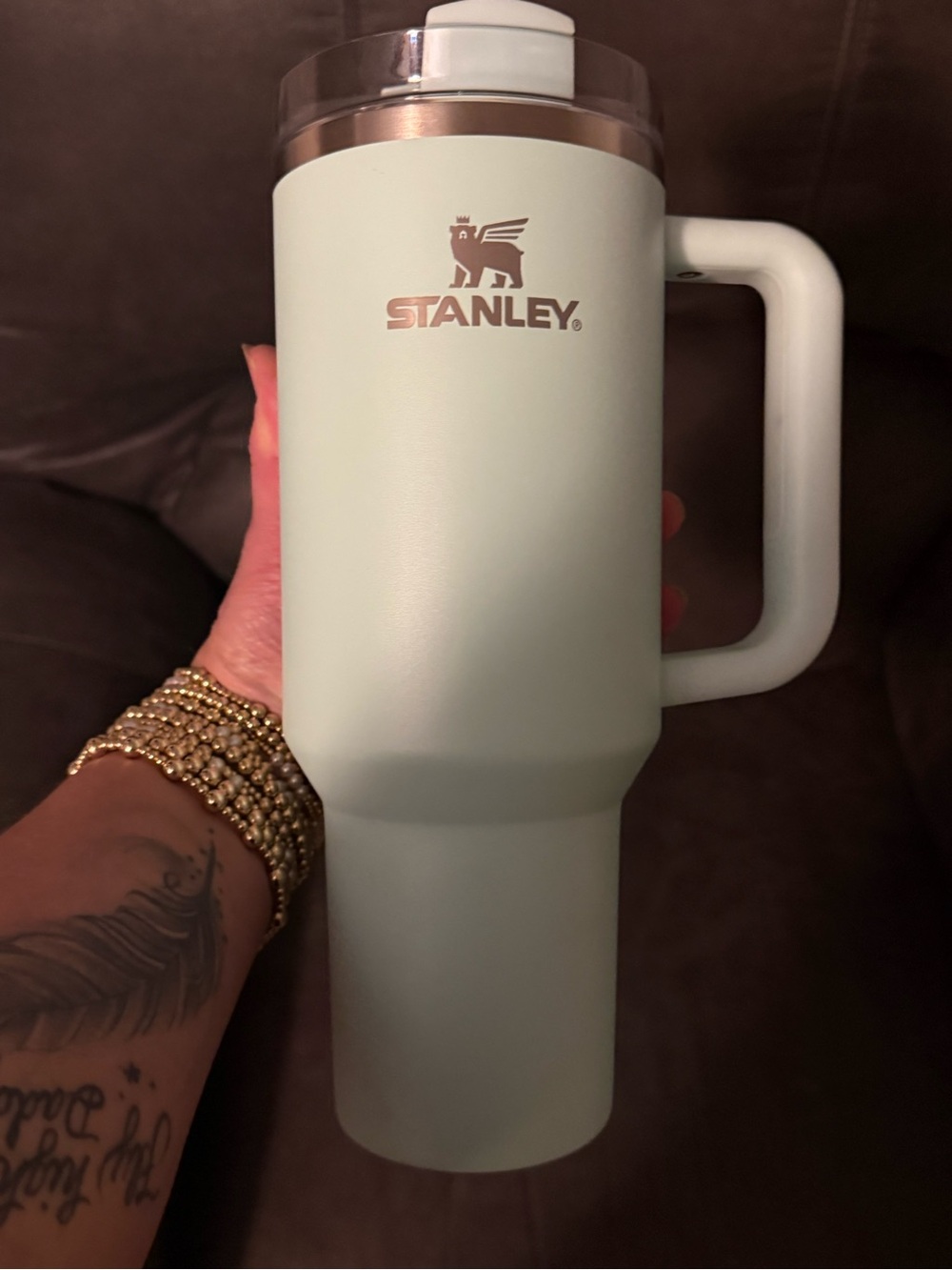 Stanley Mint Green Travel Tumbler with Handle and Rose Gold Accents